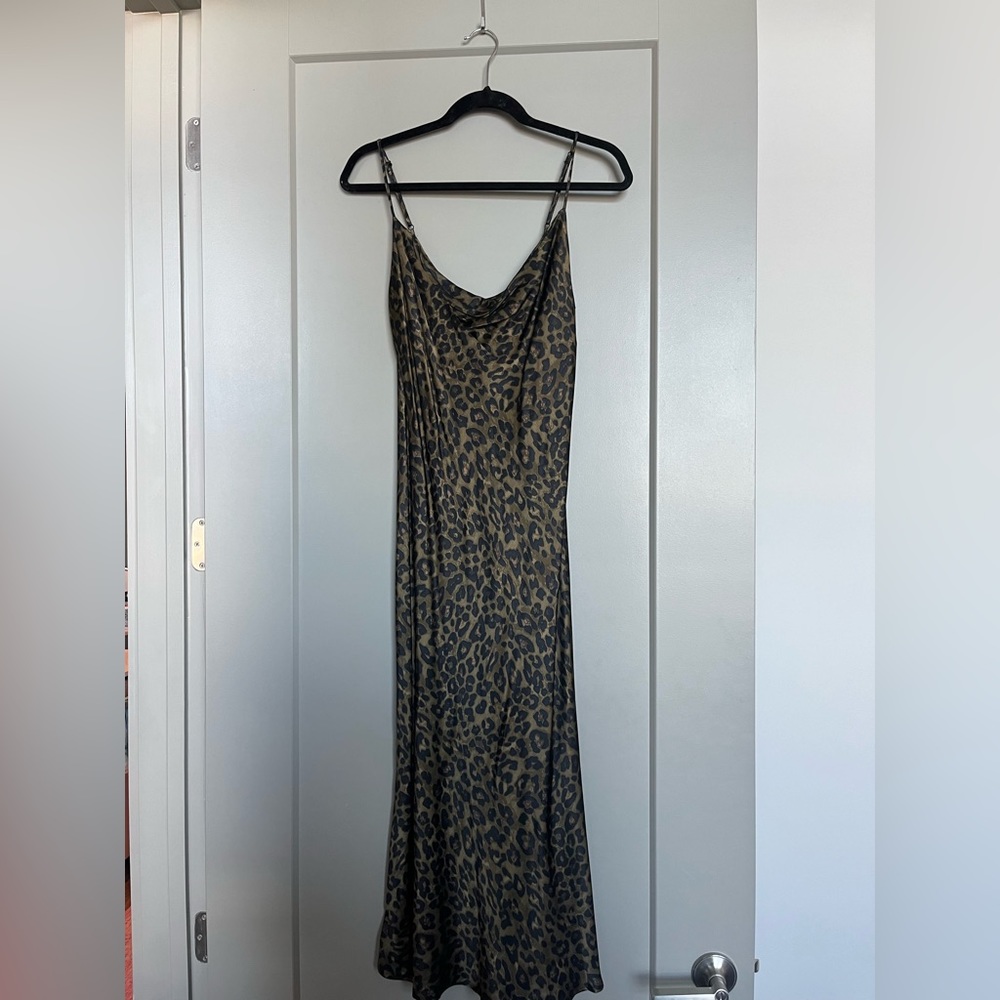 Zara satin cowl-neck cheetah midi dress
